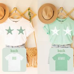 two t - shirts with starfish designs on them, one in mint green and the other in white