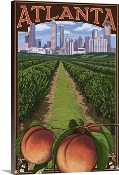 a painting of two peaches in front of a city