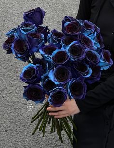 a person holding a bouquet of purple roses