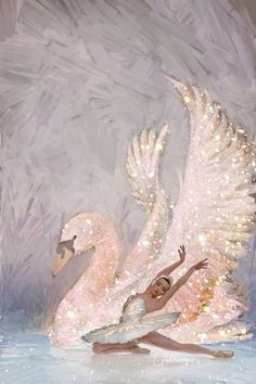 a painting of two white swans floating in the water with sparkles on their wings