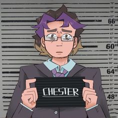 an anime character holding up a sign that says chester