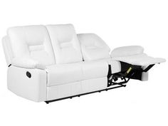 a white leather reclining sofa with two recliners on the back and one arm facing