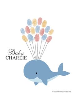 a blue whale with balloons floating from it's back and the words baby charlie above it