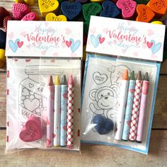 valentine's day crayons and markers in plastic bags