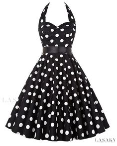 Lasaky - Classic 1950s Style Polka Dot Swing Dress - Vintage Audrey Hepburn Inspired with High Waist, Flared Design, and Waist Belt 1950s Style Polka Dot Vintage Dress, Retro Polka Dot Dress For Vintage Fashion, Fitted Polka Dot Vintage Dress, Retro Fitted Polka Dot Vintage Dress, Fitted Retro Polka Dot Vintage Dress, Fitted Black Vintage Rockabilly Dress, Black Sleeveless Vintage Dress, 1950s Style Black Sleeveless Dress, 1950s Style Sleeveless Black Dress