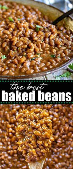 baked beans in a pan with a wooden spoon and the words baked beans above it