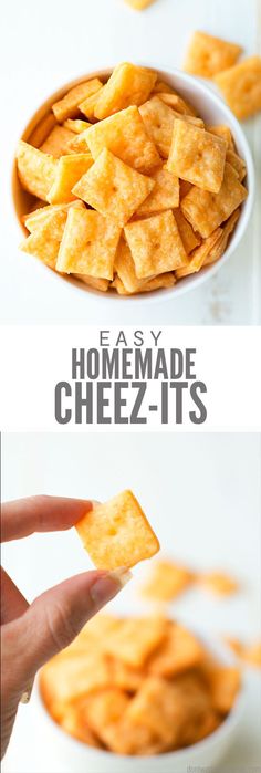 homemade cheesy crackers in a white bowl with text overlay that reads easy homemade cheez - it's