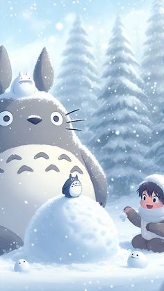 a person sitting in the snow with a totoro standing next to him and another animal