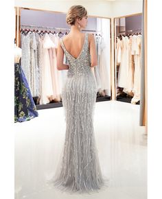 Buy Fitted Grey Mermaid V Neck Prom Dress Sleeveless With Tassels at affordable price online. Free shipping and pro custom service since 2009. Dress With Tassels, Silver Evening Dress, Beaded Party Dress, Sequin Evening Gowns, Maxi Dress Summer, V Neck Prom Dresses, Tulle Evening Dress, Prom Dresses Sleeveless, Sequin Prom Dresses