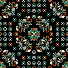 an abstract floral design in black, orange and green colors with swirls on the center