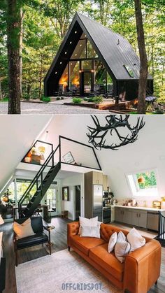 two pictures of a house in the woods