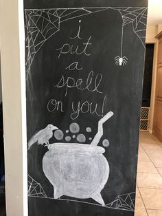 a chalkboard with writing on it that says, put a spell on you and a bird in a bathtub