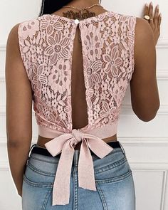 2piece Outfits, Women Blouses Fashion, Fashion Top Outfits, Lace Sleeveless Top, Lace Cutout, Trend Fashion, Pink Top, Mode Inspiration, Fashion Sewing