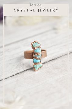 Your raw turquoise ring collection is not complete without a turquoise statement ring. Handmade with healing crystals and natural stones, this copper and turquoise ring awakens the wild woman. The multi stone turquoise ring is made with electroformed copper, making each piece unique and one of a kind, just like you. Embrace your intuitive nature and click through to see more raw turquoise stone jewelry! Healing Crystal Ring