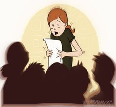 a woman holding a piece of paper in front of her face while standing next to silhouettes of people