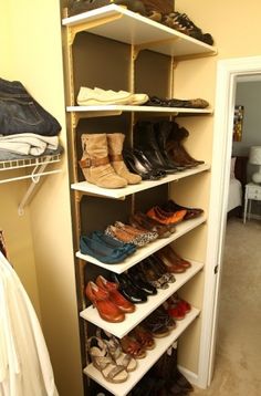 a closet filled with lots of shoes next to a wall mounted shoe rack that has the words turn shelves into organizers