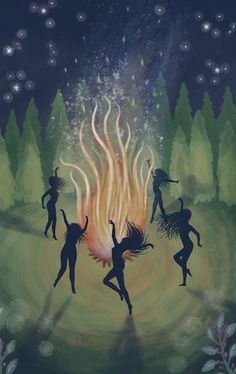 some people are dancing around a fire in the woods at night with stars above them