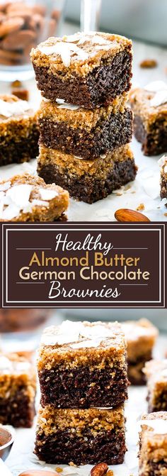 healthy almond and chocolate brownies are stacked on top of each other with the title above it