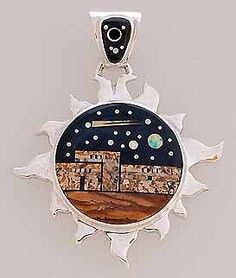 Navajo Calvin Begay Pueblo w/ Night Sky Inlay Pendant Native American Symbols, Southwest Style, Southwestern Style, The Night Sky, Native Art, Native American Art, Ethnic Jewelry