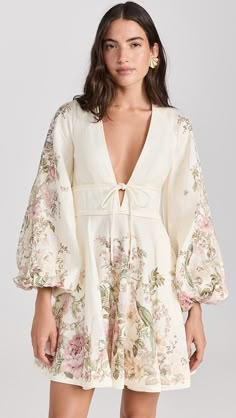 Zimmermann Waverly Plunge Mini Dress | Shopbop Rainey Qualley, Zimmermann Swimwear, Zimmerman Dress, Plunge Mini Dress, Zimmermann Dress, Linen Mini Dress, One Clothing, White Floral Dress, Long Puff Sleeves