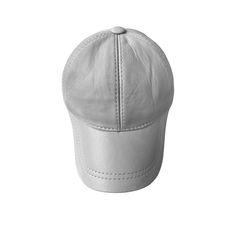 a white baseball cap with stitching on the front and side, sitting against a white background