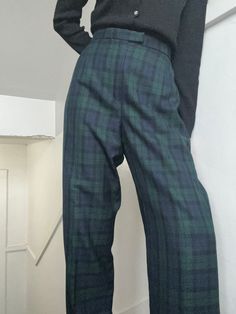 "Green and blue classic plaid wool trousers by Pendleton Lined, well constructed, wide, slightly tapered leg, no pockets or belt loops Sleek, minimal drape and silhouette Condition: excellent Material: wool Care: dry clean Size: US womens 14 Fits an 8-12 depending on desired fit Model is 5'9\" and wears a modern 8 in pants Measurements Waist: 32 in Hips: 42 in Rise: 14 in Length: 43 in" Formal Plaid Wide Leg Bottoms, Classic Plaid Pants For Workwear, Tailored Plaid Bottoms For Office, Classic Plaid Bottoms For Office, Classic Plaid Pants For Office, Plaid Wide Leg Formal Pants, Classic Plaid Office Bottoms, Formal Plaid Bottoms For Fall, Formal Plaid Wide Leg Pants