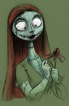 a drawing of a girl with long red hair holding a flower