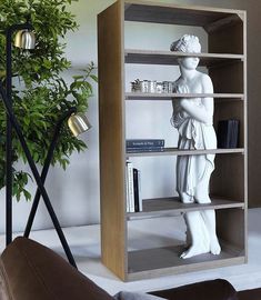 there is a white statue in the middle of this book shelf with books on it