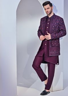 Wine Indo - Western Embroidery Kurta Jacket Set Chatenya Mittal - Fabilicious Fashion Men Indian Wedding Outfit Guest, Traditional Dresses Men, Sangeet Dress For Men, Men Kurta Designs Style, Indo Western Men, Indo Western Outfits Wedding, Indian Wedding Outfits Guest, Purple Indian Wedding, Sangeet Outfit For Men