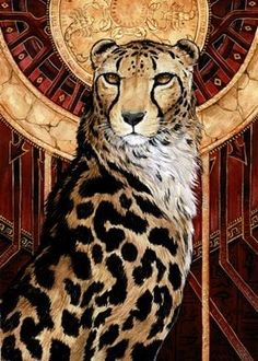 a painting of a cheetah sitting in front of a clock