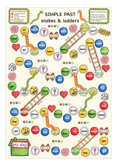 the simple past snakes and ladders game is shown in white with colorful circles around it