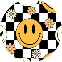 a smiley face with flowers and checkered background