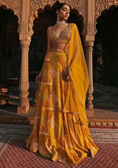 Yellow Floral Embroidered Printed Lehenga Set Seeaash - Fabilicious Fashion Mehendi Outfits Sisters, Wedding Wear For Sister, Haldi Outfits For Sister, Mehendi Function, Satin Lehenga, Saree For Wedding Function, Printed Lehenga, Mehendi Outfits