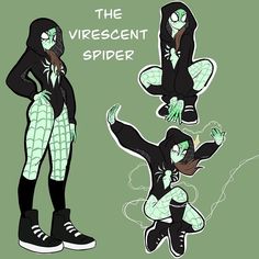 the virescent spider character is wearing all black and green clothing, with her hands in her pockets