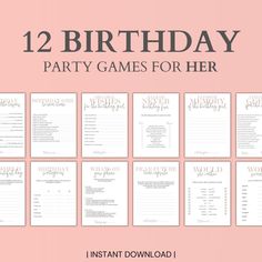 the 12 birthday party games for her is shown in pink and white with gold foil