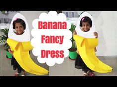 two girls dressed up as bananas with the words banana fancy dress in front of them