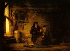 a painting of two people in an old house