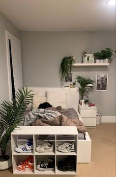 a bedroom with a bed, plant and shoes on the shelf in front of it