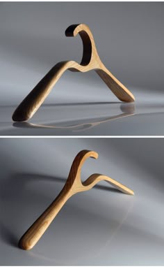 two pictures of wooden clothes hangers on a gray background, one showing the top and bottom