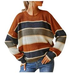 Otvok Womens Sweater Clearance Stripe Splicing Recreational Long Sleeve Tops Color/Size: Brown/S Gender: Women/Female/Girl It is made of high quality materials, durable enought for your daily wearing. I am sure you will like it! If you have any questions about this products, please feel free to contact us. We will contact you within 24 hours to provide you with a better solution. KEY: Womens fall fashion 2022, Christmas gifts, Womens plus size clearance Color: Multicolor.  Age Group: adult. Coastal Girl, Cute Clothes Ideas, Cozy Weather, Back To School Fits, Fashion Sweaters, Round Neck Sweater, Mode Casual, Sweater Jumpsuit, Korean Casual