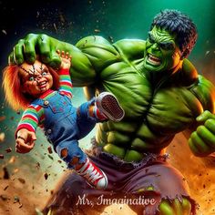 the incredible hulk and his daughter are being chased by an angry man in this movie poster