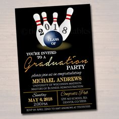 this is an image of a bowling ball and pins graduation party invitation card for the class of 2013