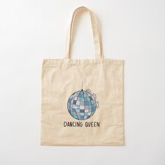 100% cotton reusable shopping carry bag with digital print on one side. A blue disco ball with dancing queen lyrics from Mamma Mia Mamma Mia Themed Gifts, Mamma Mia Gifts Ideas, Mamma Mia Goodie Bags, Mama Mia Gifts, Mamma Mia Sorority Theme, Mamma Mia Merch, Mamma Mia Crafts, Mamma Mia Gifts, Mamma Mia Gift Ideas