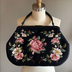 Omg Guys. Perfect Condition. Amazing Needlepoint. Huge Huge Size Vintage Handbag. This Is A Find That I Don’t Know If I’ll Ever See Again. It Measures 16x11x4 Inches And The Leather Handle Drops It 6 Inches. When I Searched The Bag I Found The Owners Original Little Black Book With Handwriting And Names. It This Bag Could Talk!!! Rare Find, Seriously. Embroidered Handbag, Vintage Handbag, Black Book, Diy Clothing, Purse Black, Vintage Handbags, Vintage Bags, Leather Handle, Diy Clothes