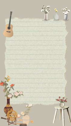 a sheet of paper with flowers and guitar on it, sitting next to a small table