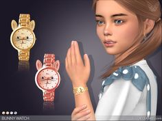 a girl is holding her hand next to two watches