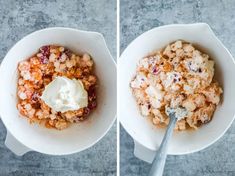 two pictures of the same food in different bowls with spoons and one has whipped cream on top