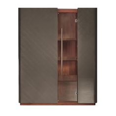 a tall wooden cabinet with glass doors