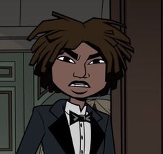 an animated man in a tuxedo and bow tie standing next to a door