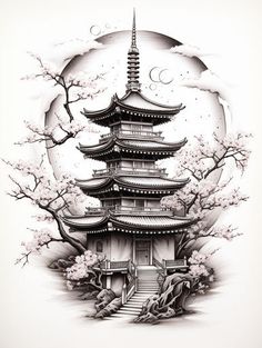 Sophisticated Temple Tattoo Designs Japanese Temple Tattoo, Tato Geisha, Tato Flash, Pagoda Temple, Temple Tattoo, Samurai Tattoo Design, Japan Tattoo Design, Chinese Tattoo, Japanese Temple